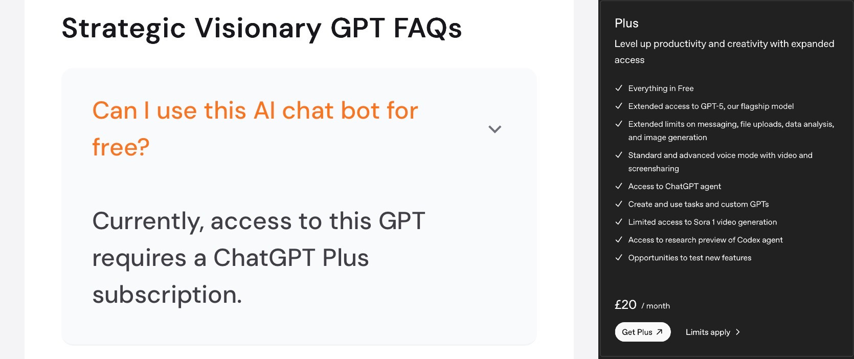Screenshot of Strategic Visionary FAQ specifying need for ChatPGT Plus, and screenshot of the cost per month and features of ChatGPT Plus side by side