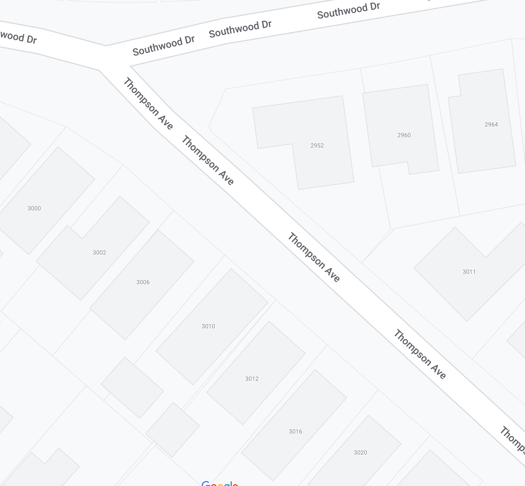 Google Maps image of Thompson Avenue showing the building numbers stop at 3000