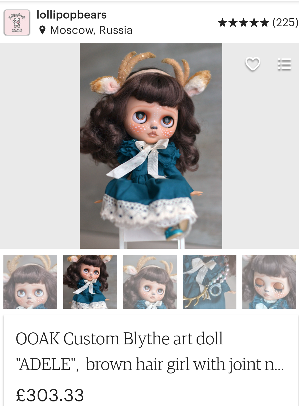 Lolipopbears Etsy Listing for their custom Blythe doll