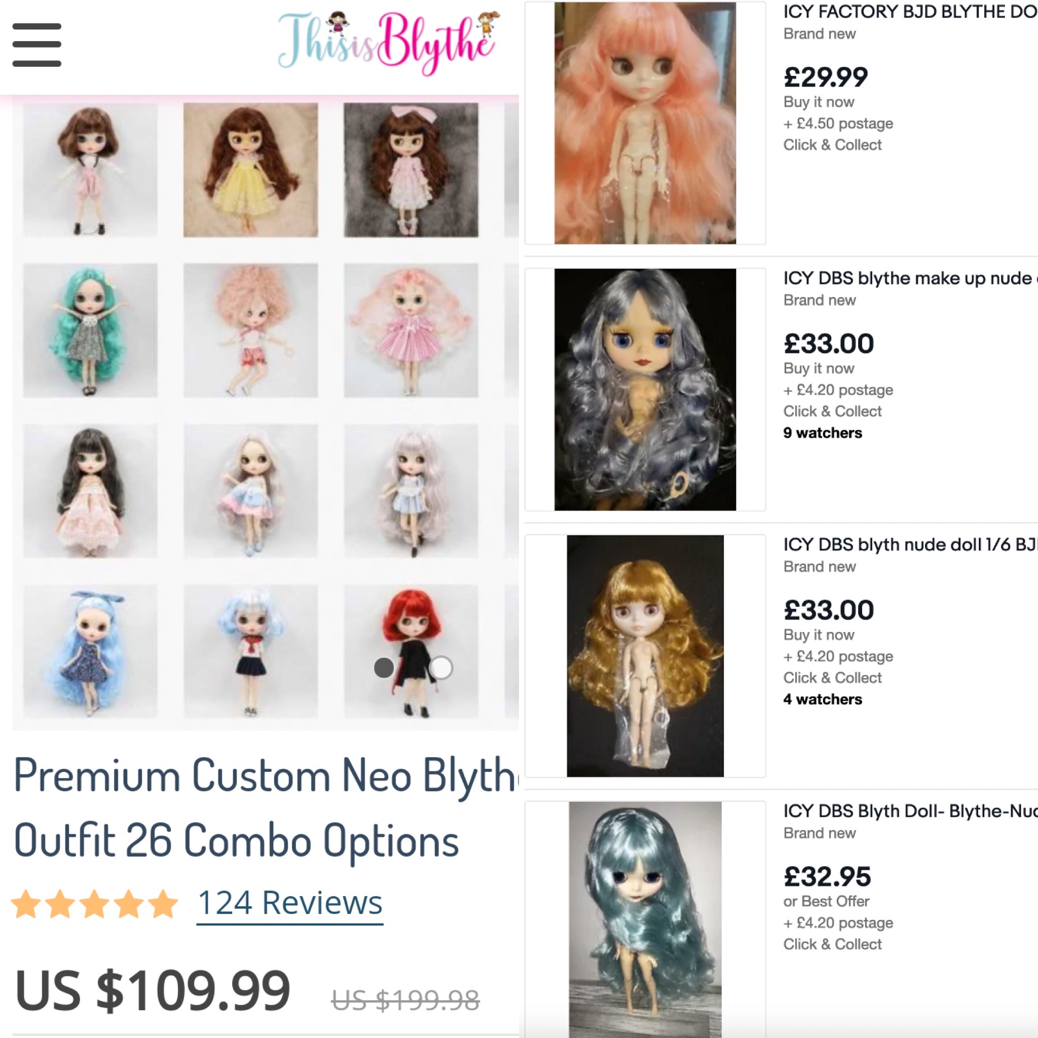 Screenshots of ThisIsBlythe vs eBay listings for fake blythes
